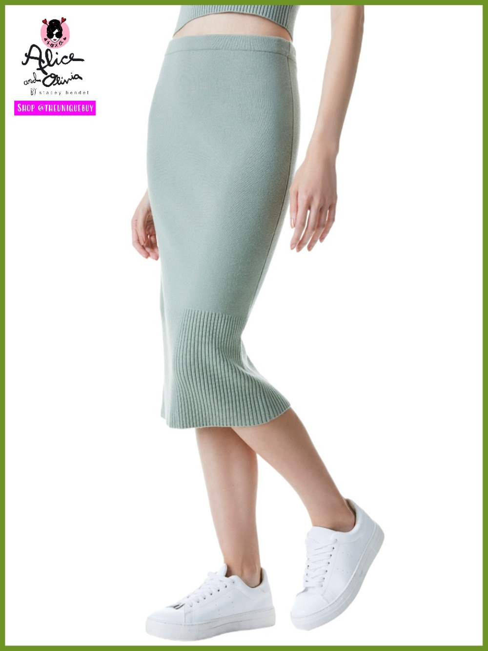 Alice + Olivia Leo Fitted Sage Green Wool Blend Midi Skirt